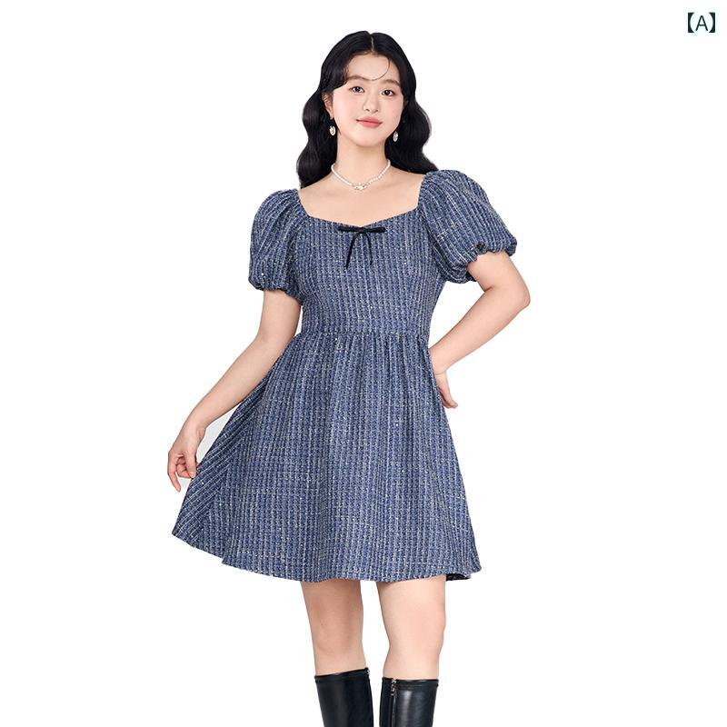 大きいサイズ レディース フレンチ パフスリーブ ミニ ウエストマーク スリム シルエット 夏 リボン