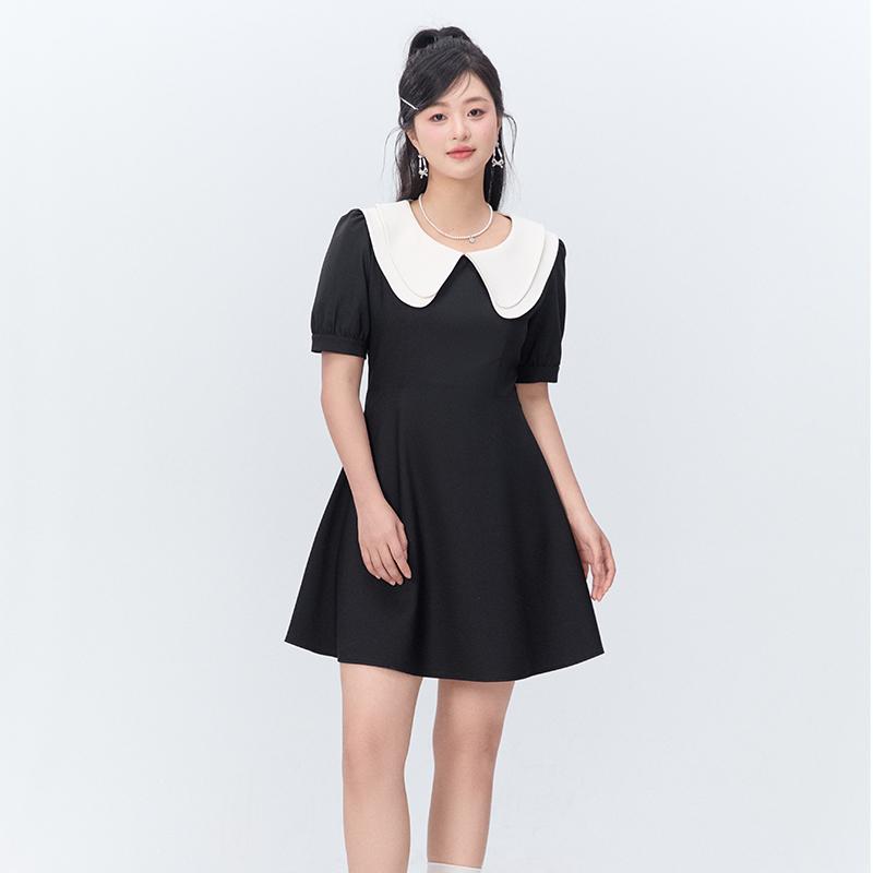 大きいサイズ レディース 風 パフスリーブ 半袖 夏 ブラック ミニ丈 体型カバー シンプル ドレス｜フロントップ店