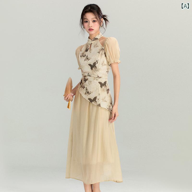 気が大きい大きさ レディース  ベージュ 花柄 マキシ丈 チュール シフォン 半袖 中国風 雅びやか 夏 体型押しかぶせる