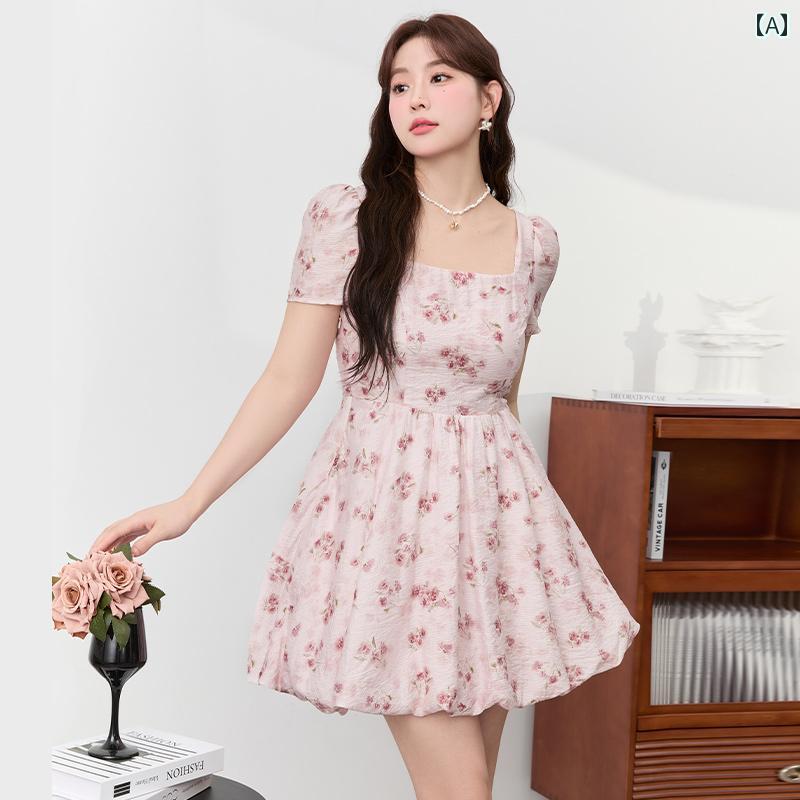 大きいサイズ レディース フレンチ 花柄 ウエスト絞り スリム レトロティーブレイク Aライン ショート丈 夏｜フロントップ店