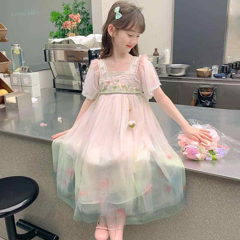 漢服 子供 女の子 春夏 ドレス ワンピース 半袖 スクエアネック 刺繍 薄手 ゆったり 発表会 ステージ 衣装 チャイナ風 プリンセス かわいい 花柄 ピンク