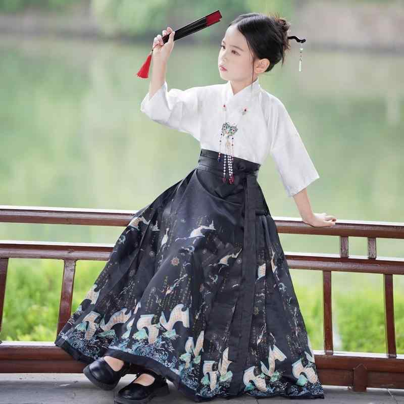 漢服 お子さん お姉さん 春夏 トップス マミアンスカート 上下仕掛ける 七分袖 筋目 刺しゅう 薄っぺら ホンブルグ帽 民族 お召しもの 告げ知らせる会 上演 コスプレ 瀬戸もの風 レトロ 窈窕たる 黒 青 ドレス-キッズファッション-キッズ・ベビー・マタニティ