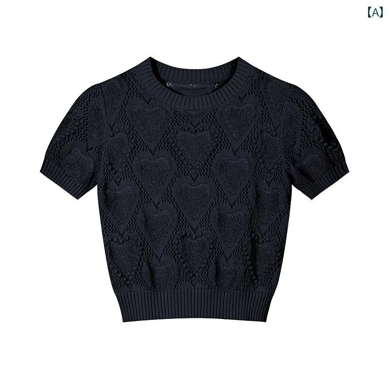 大きいサイズ レディース ニット 半袖 Tシャツ ピンク ハート柄 フェミニン 春夏｜フロントップ店