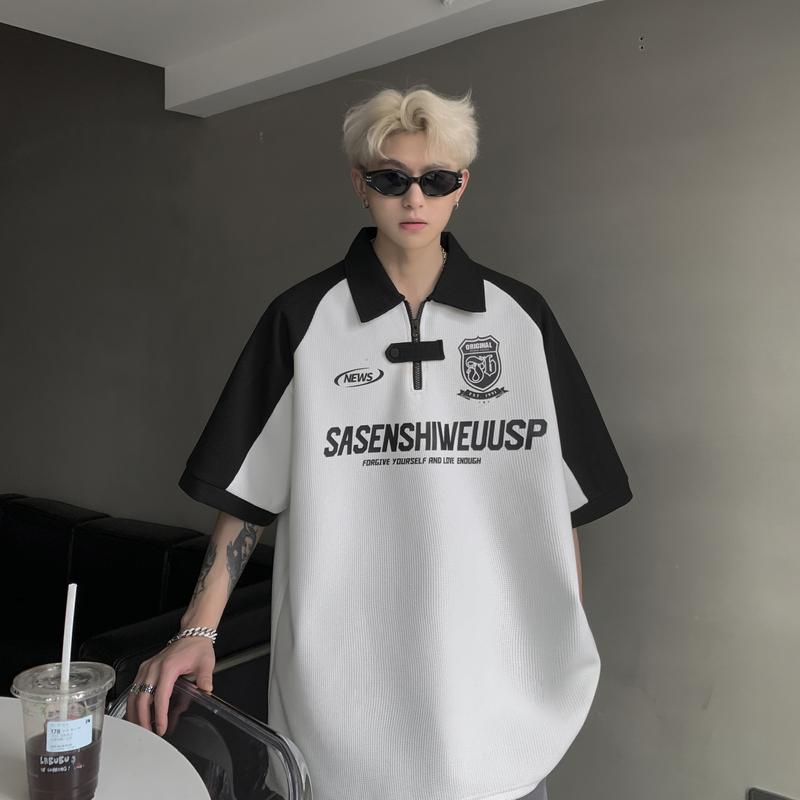 メンズ カジュアル 半袖 ポロシャツ 夏 薄手 カラーブロック アメリカン レトロ ストリート ゆったり 襟 半袖 Tシャツ