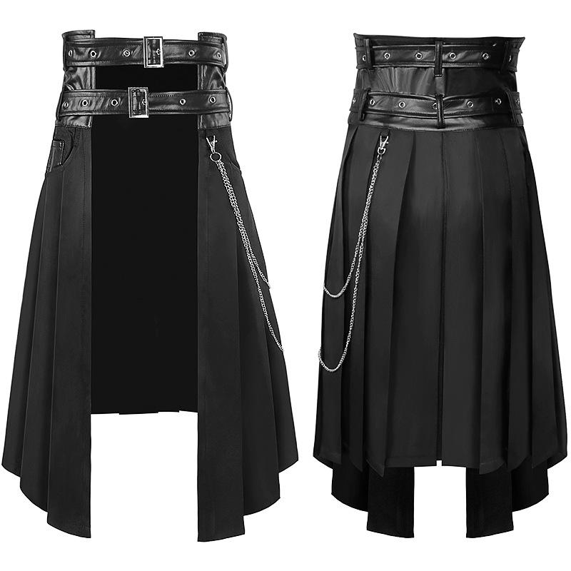 スカート メンズ カジュアル かっこいい ベルト 装飾 チェーン レザー プリーツ ボトムス 男性用 普段使い お出かけ フェス ライブ ロック バンド パンク ゴシック 無地 大きいサイズ ゆったり 黒