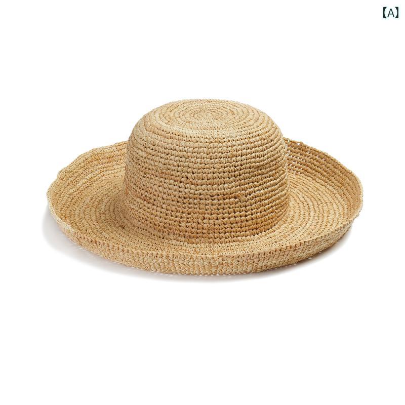 ハット レディース 麦わら 帽子 おしゃれ ラフィア 夏 手作り つば広 折りたたみ 丸型 旅行 屋外 海 日よけ
