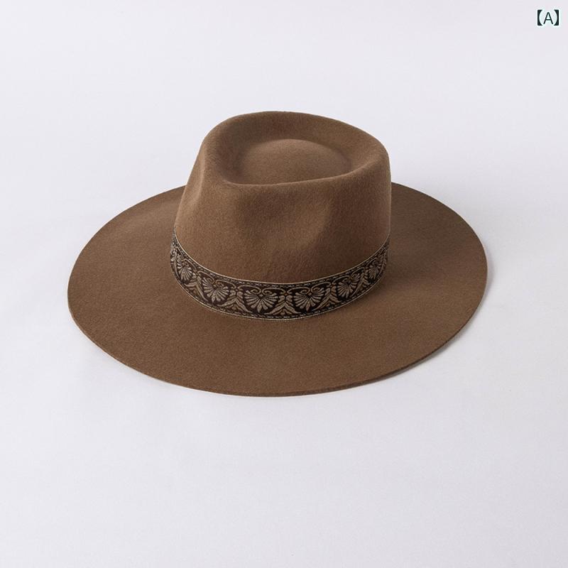 ハット レディース 帽子 おしゃれ ウール フェルト ジャズ 刺繍 ブラウン つば広 つば広 秋冬 メンズ アウトドア カジュアル 町歩き