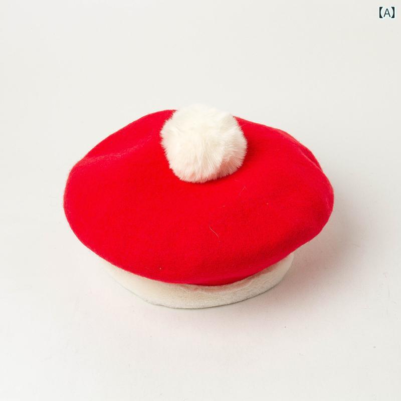 ベレー帽 レディース オシャレ 普段使い ウール 画家帽 可愛い ポンポン 秋冬 防寒 クリスマス 柔らかい 赤