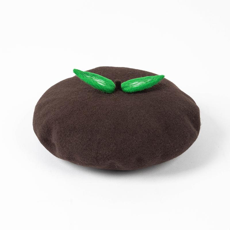 ベレー帽 レディース オシャレ 普段使い 秋冬 茶色 緑葉 ハンドメイド ウール ニット 保温 画家風 男女兼用 カジュアル