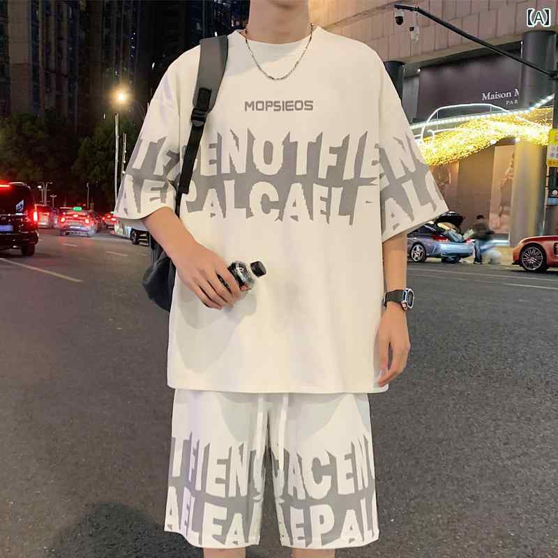 セットアップ メンズ カジュアル 普段使い 半袖 Tシャツ ハーフパンツ 白 ビッグシルエット オーバーサイズ 英字ロゴ 夏 ストリート