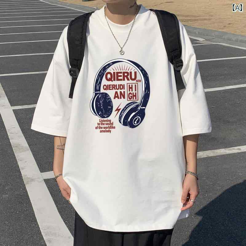 Tシャツ ピンク 半袖 綿 大きいサイズ メンズ ヘッドホン柄 カジュアル ストリート 夏 ゆったり クルーネック プリント