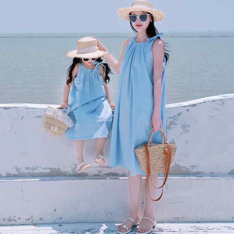親子 ペアルック ワンピース 上品 夏 母 娘 無地 ノースリーブ バケーション おしゃれ カジュアル リボン レディース 子供 大きいサイズ 青