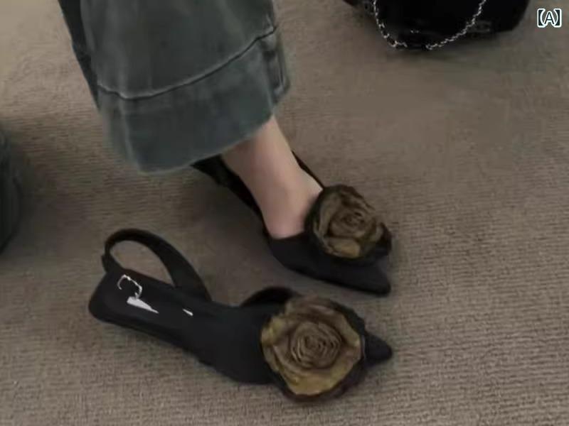 ミュール レディース ローヒール パンプス おしゃれ 夏 花 ポインテッドトゥ ストラップ 韓国 シープスキン ゴム 普段使い エレガント 黒 ベージュ ピンク