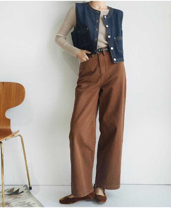 パンツ ハイウエスト ワイドパンツ ストレート レトロ カジュアル ブラウン 無地 秋冬 体型カバー ゆったり デニム