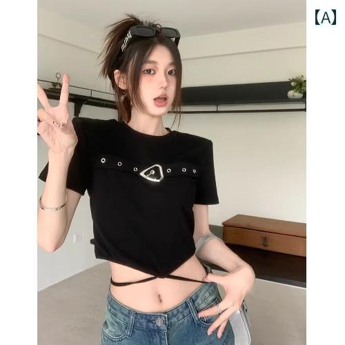 プルオーバー 黒 無地 半袖 クロップド丈 スピード競技脹れ上がる 胴締め 韓国 艶っぽい 夏 か細い相応う