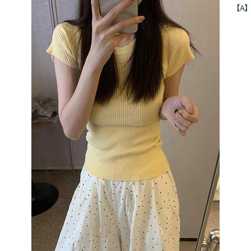 Tシャツ 半袖 フレンチスリーブ ラウンドネック イエロー リブ編み ニット 夏 ショート丈 スリムフィット 無地 レディース カジュアル