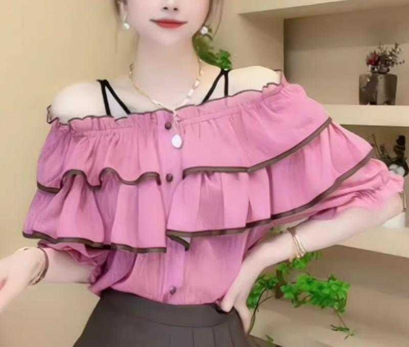 オフショルダー トップス レディース 夏 半袖 パフスリーブ 3way シャツ ストラップ ラウンドネック フリル ボタン 若見え かわいい