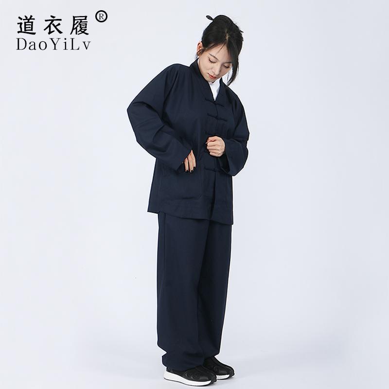 太極拳 服 春秋 レディース メンズ 道教 衣装 三清風 道袍 斜め襟 練習着 トレーニング フォーマル 無地 シンプル 大きいサイズ 長袖 ロング ネイビー