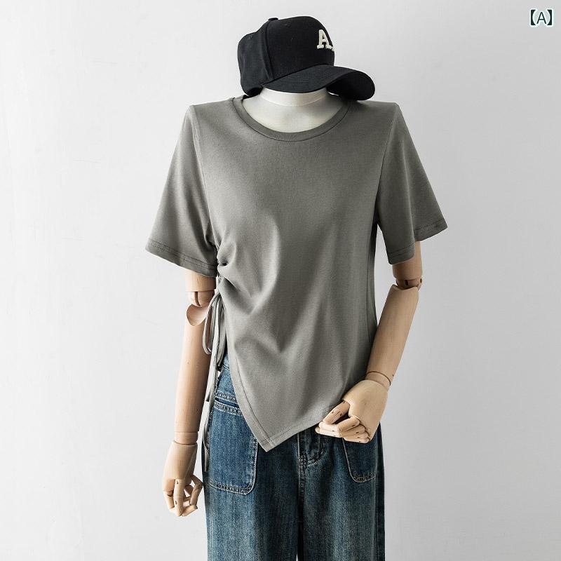 Tシャツ レディース カーキ 不規則裾 ドローストリング 半袖 体型カバー ゆったり 夏 クルーネック 韓国 シンプル カジュアル