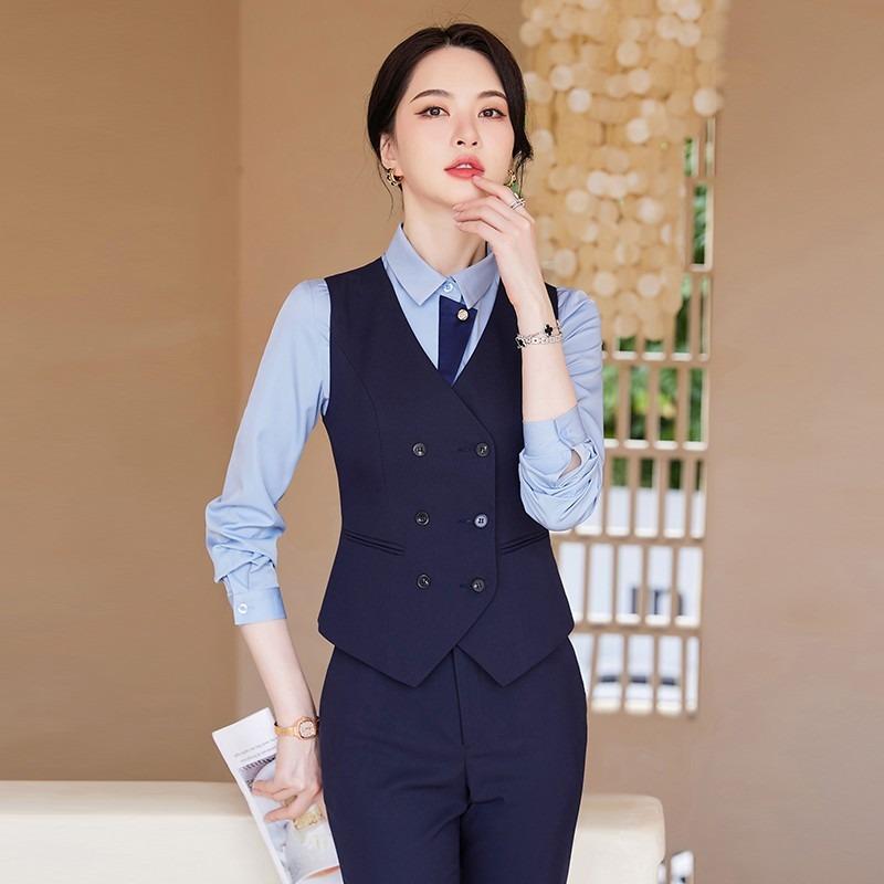 ベスト オフィス レディース 柔らかい きれいめ 春 シンプル ボタン スーツ ホテル 制服 受付 フォーマル ジャケット スカート シャツ 大きいサイズ Vネック 青 黒 グレー｜フロントップ店