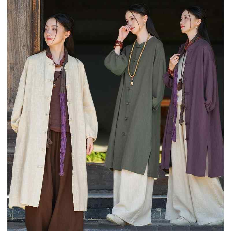 坐禅 服 大人 レディース 寺院 瞑想 秋 麻 綿 ゆったり コート 長袖 ミドル丈 ロングパンツ ワイド ウエストゴム 上下セット カジュアル おしゃれ 緑 紫 紺｜フロントップ店
