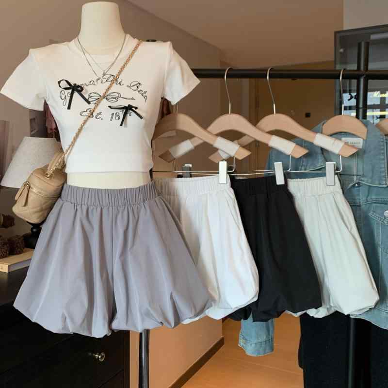 バルーンショートパンツ レディース カボチャ 柔らかい ヤング おしゃれ 夏 ハイウエスト ランタン Aライン 伸縮性 シンプル 黒 白 グレー 無地 普段使い