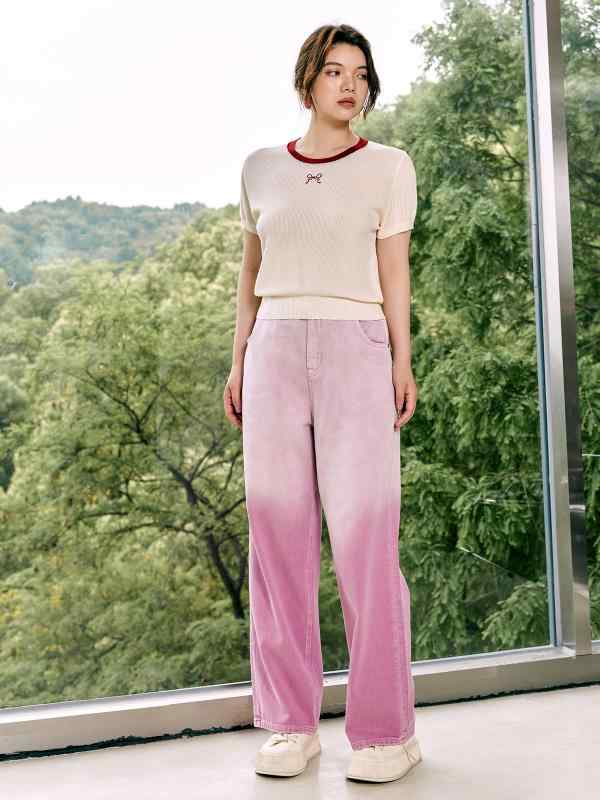 デニムパンツ レディース おしゃれ ピンク グラデーション 不規則 レトロ ストレート 体型カバー