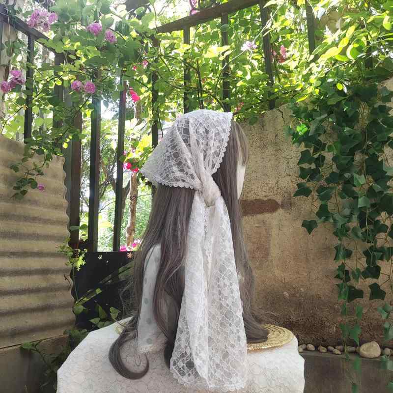 ヘッドスカーフ レディース アクセサリー レース 刺繍 スカラップ ロング 写真撮影 レトロ カントリー おしゃれ ロリータ 白 プレゼント