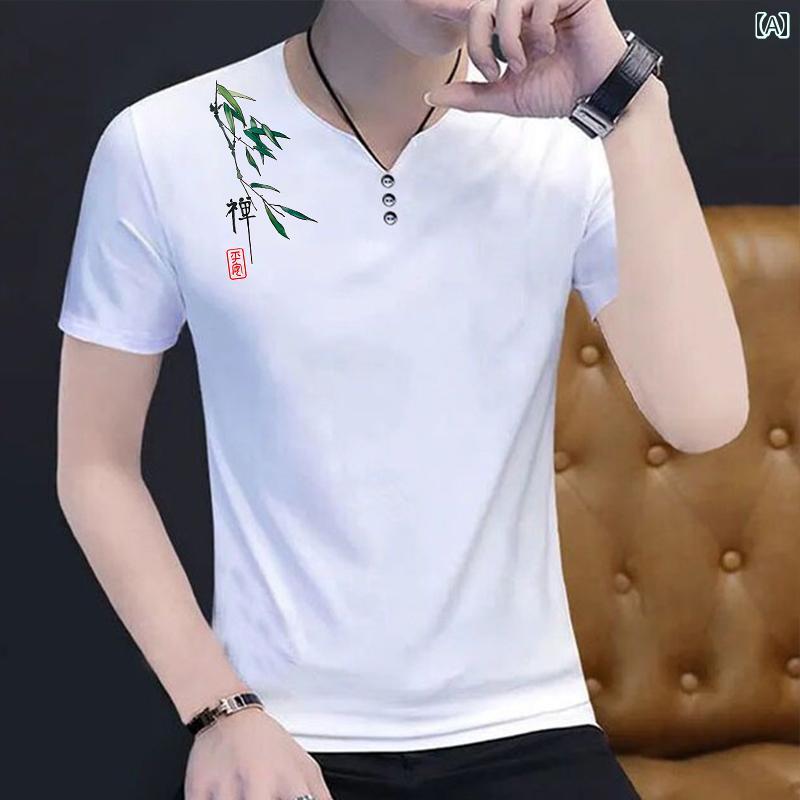 Tシャツ メンズ おしゃれ 夏 Vネック 半袖 プリント カジュアル シンプル 上品 トップス