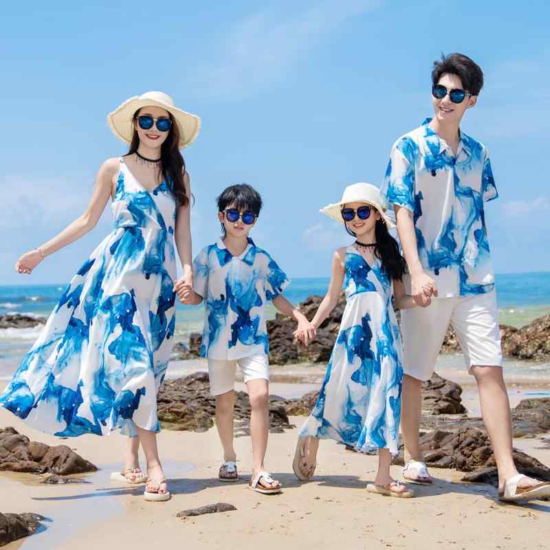 親子 ペアルック ワンピース リンク コーデ リゾート ビーチ カジュアル おしゃれ 家族 写真 撮影 夏 薄手 母 娘 背中開き シャツ パンツ 大きいサイズ グラデーション 青