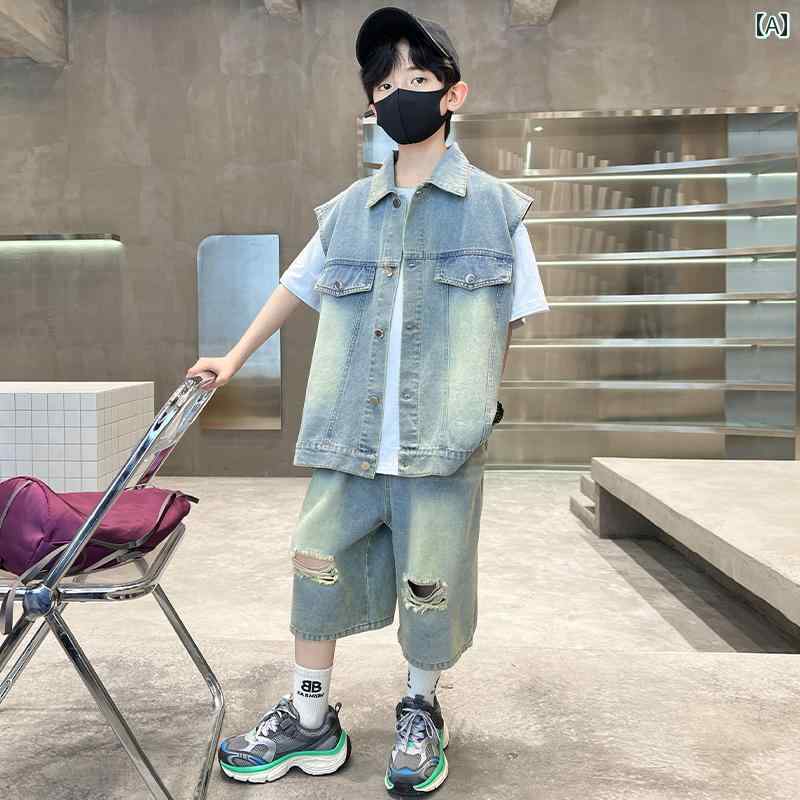 セットアップ ベスト 男の子 キッズ おしゃれ 夏 デニム ベスト アウター ジレ 子供 夏服 ノースリーブ ジーンズ カジュアル