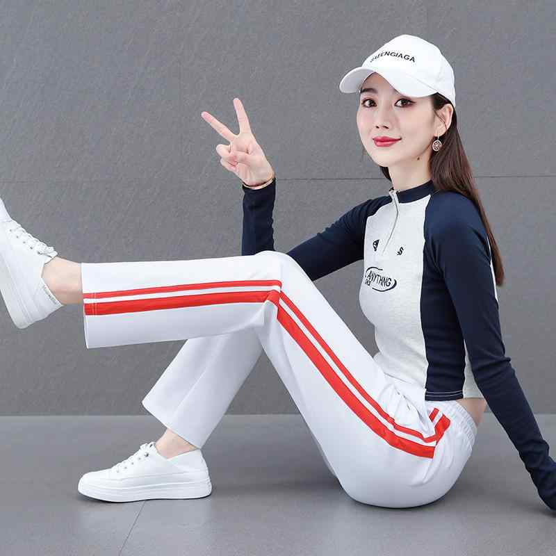 パンツ レディース 春秋 ストライプ 脚長効果 スポーツ カジュアル ワイド ゆったり ハイウエスト