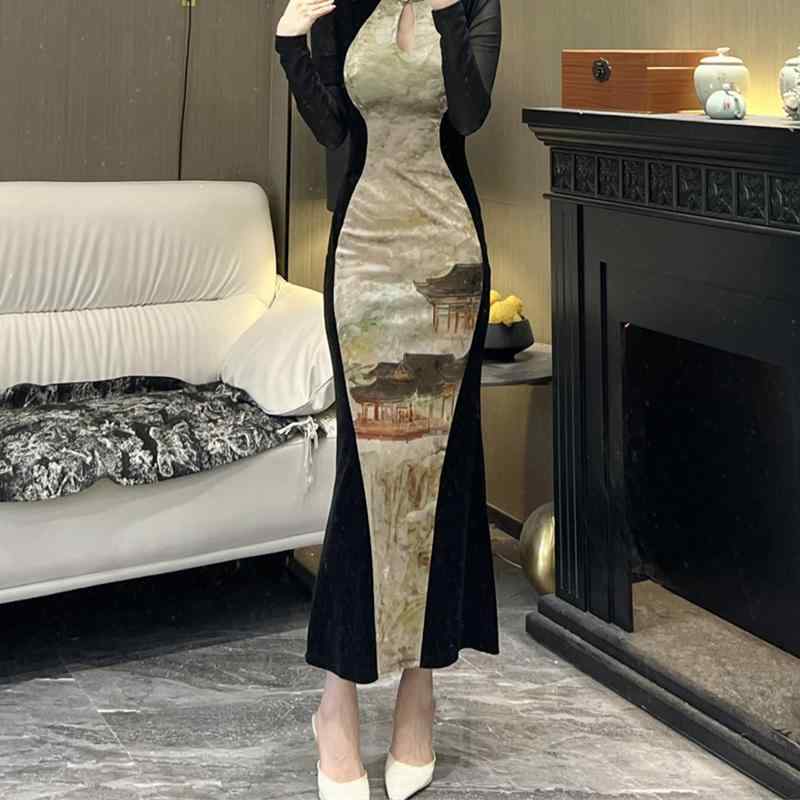 ドレス ワンピース レディース きれいめ 大人 キャバ 立ち襟 スタンドカラー スタンドカラー 長袖 フィッシュテール シルエット スリム セクシー 風景 エレガント