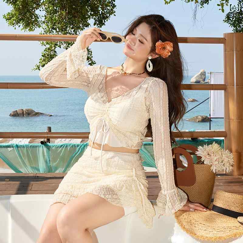 水着 レディース かわいい 大きいサイズ セパレート 4点セット 体型カバー 細見え 温泉 リゾート 長袖 日焼け防止
