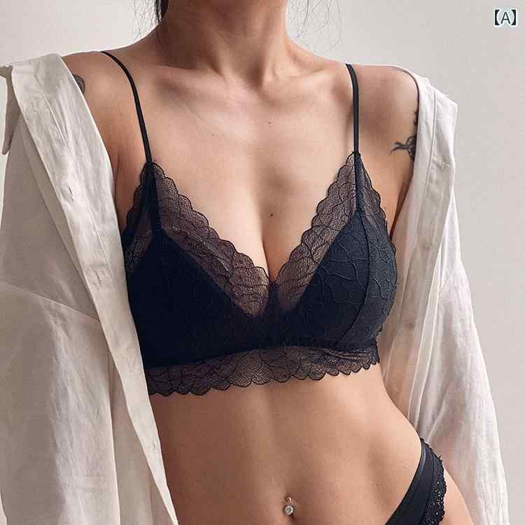 ブラジャー レディース 下着 ランジェリー セクシー 深V 三角カップ レース 薄手 ソフト ノンワイヤー しなやか 肌触り快適