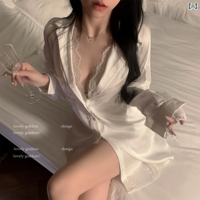 【614編集完了】 パジャマ レディース ネグリジェ 長袖 レース セクシー ルームウェア ゆったり シャツタイプ 上下セット
