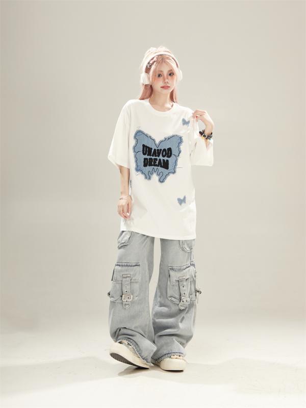 Tシャツ レディース 白 バタフライ 刺繍 ラウンドネック 半袖 ゆったり 夏 アメリカンストリート