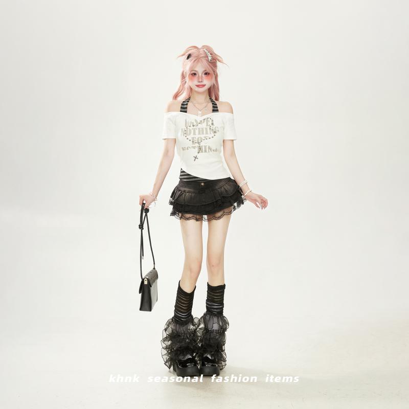 Tシャツ レディース 夏 韓国 オフショルダー ホワイト 重ね着風 肩出し ハイウエスト トップス セクシー ガーリー 半袖 カットソー おしゃれ