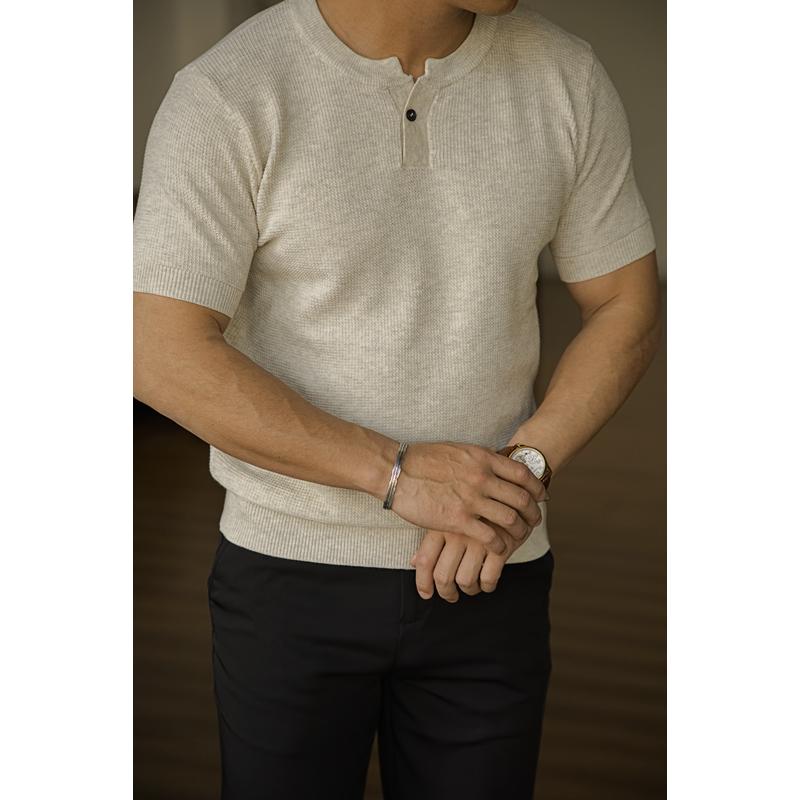 Tシャツ メンズ おしゃれ アメリカン 大人 ヘンリーネック 一粒ボタン 半袖 ニット 吸汗 通気性 混 涼しい 快適