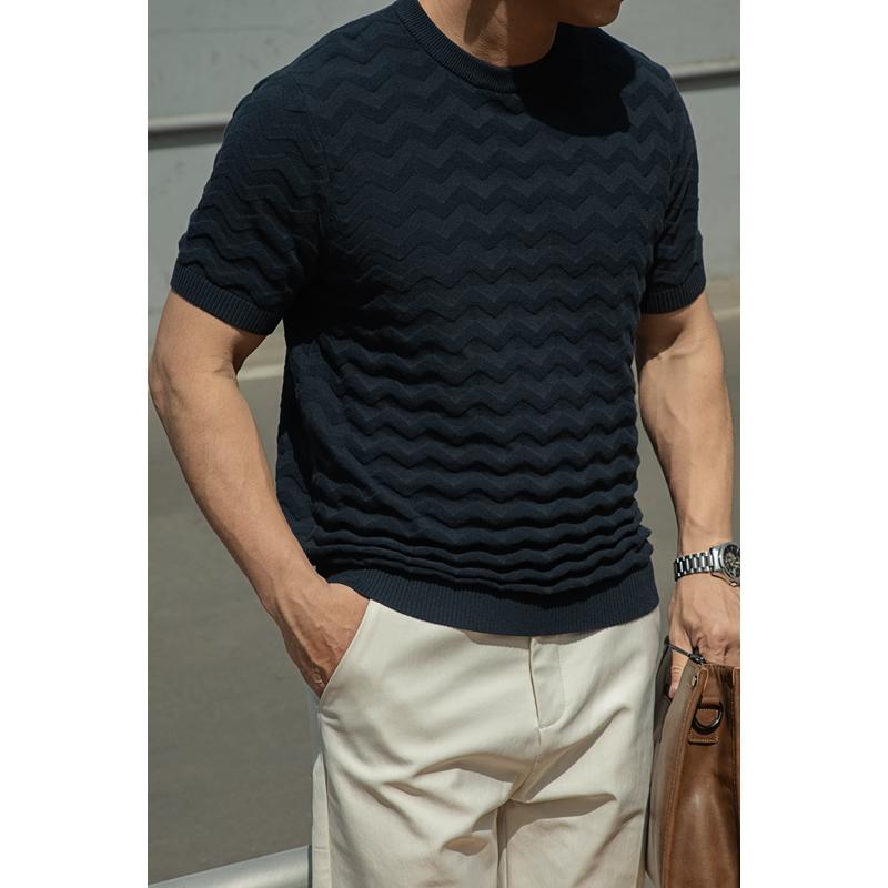 Tシャツ メンズ おしゃれ 夏 半袖 快適長 立体波模様 クルーネック アメリカン 大人