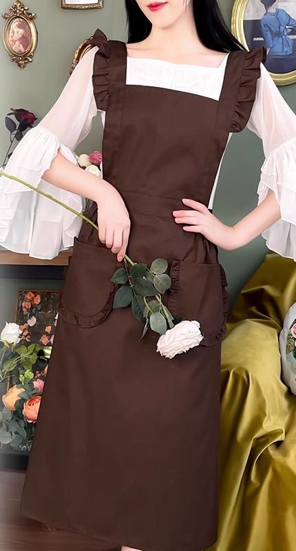 エプロン 韓国 レトロ エステサロン ネイル カフェ 美容院 作業服 制服 汚れ防止 フリル ポケット シンプル かわいい 茶 黒 ピンク 無地