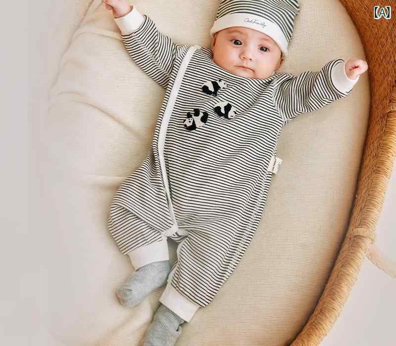 ベビー ロンパース 春秋 新生児 肌着 インナー 長袖 ボタン ラウンドネック 綿 柔らかい 男の子 女の子 かわいい ボーダー 黒 白 パンダ