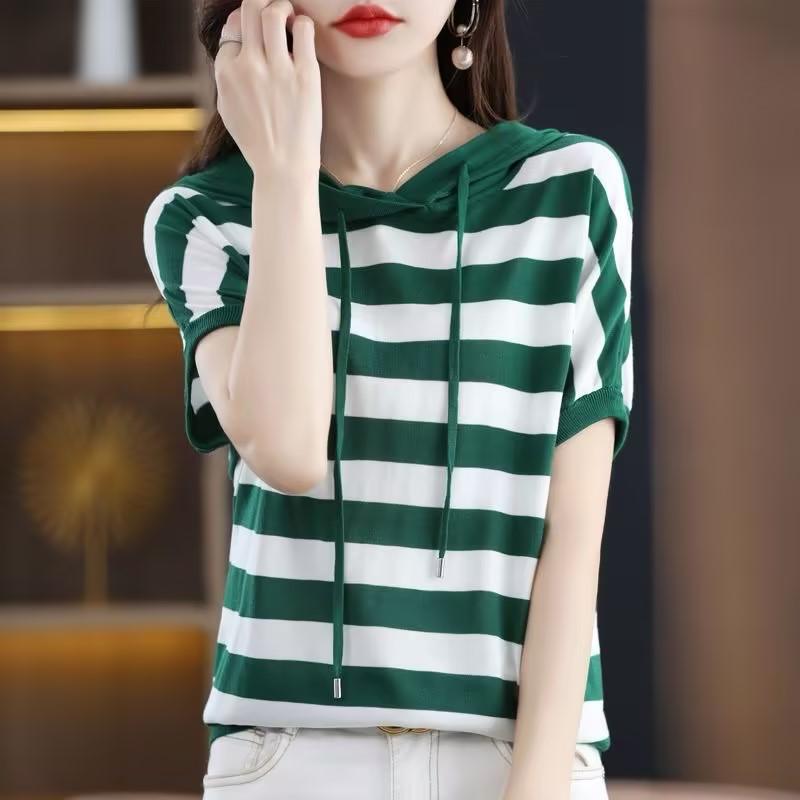 サマーニット レディース 半袖 おしゃれ Tシャツ フード パーカー 薄手 ボーダー 柄 ストライプ柄 カジュアル ゆったり 夏