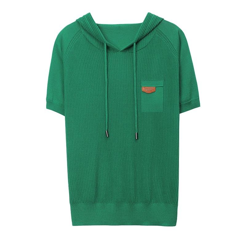 サマーニット レディース 半袖 おしゃれ Tシャツ ピンク フード パーカー 夏 リブ カジュアル 涼しい 快適 上品 トップス