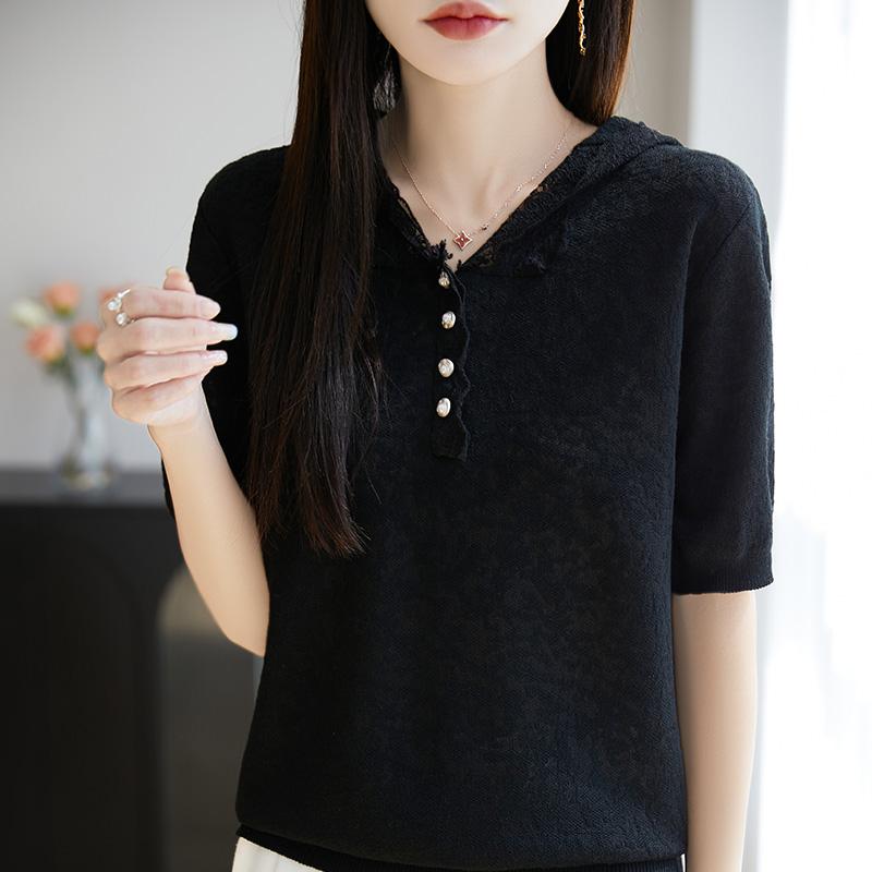 サマーニット レディース 半袖 おしゃれ Tシャツ 夏 薄手 精紡ウール フード パーカー レース ゆったり 体型カバー 上品 涼しい