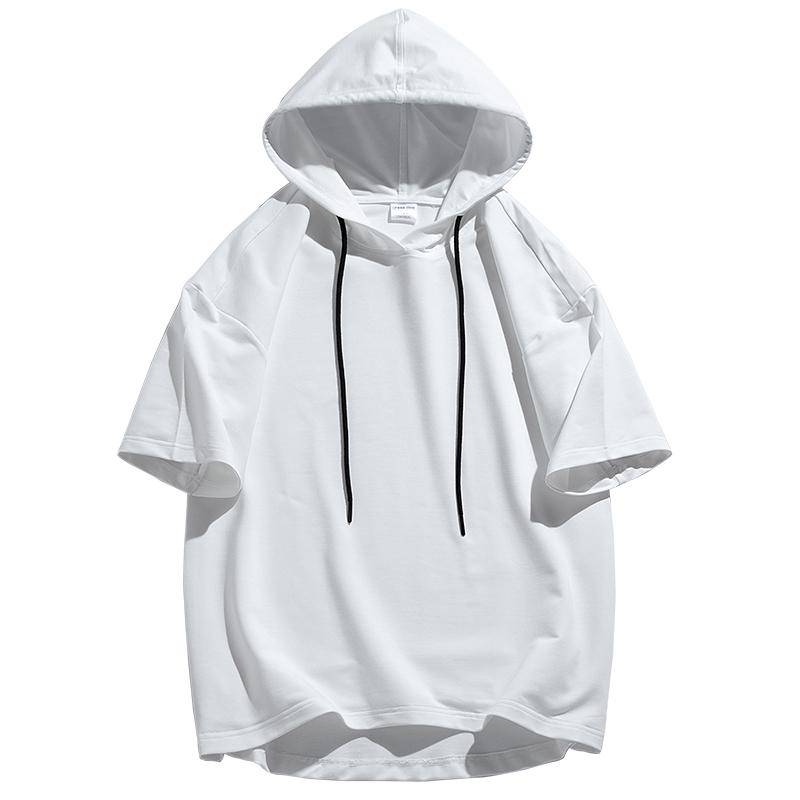 パーカー 夏 メンズ おしゃれ 半袖 フード Tシャツ 白 綿 ゆったり カジュアル ストリート 学生