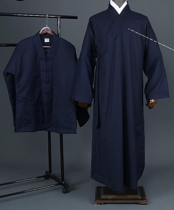 中国 民族衣装 道士 服 セットアップ 男女兼用 秋冬 長袍 長袖 斜め襟 面ファスナー ポケット パンツ 中綿 裏起毛 厚手 暖かい シンプル 無地 紺 大きいサイズ｜フロントップ店