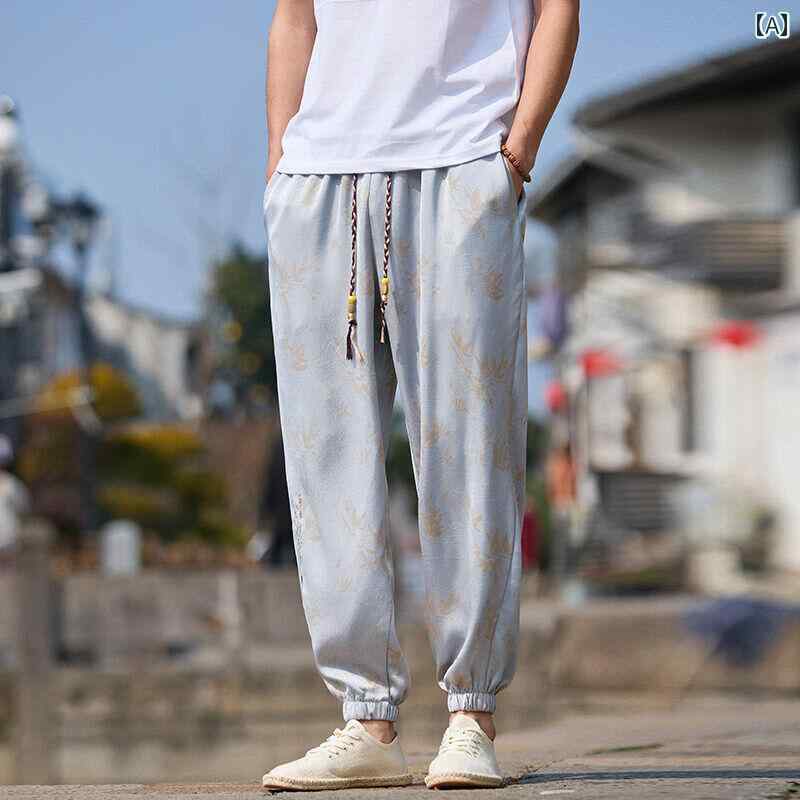 バルーンパンツ メンズ おしゃれ ボトムス ハーレム 夏 薄手 涼しい 快適 中国風 竹葉柄 ワイド ゆったり ジョガー 中国風