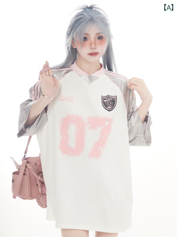 tシャツ レディース おしゃれ トップス 半袖 スポーツ ユニフォーム風 ベースボール 襟 配色 ラグラン ゆったり シンプル プリント 夏 カジュアル