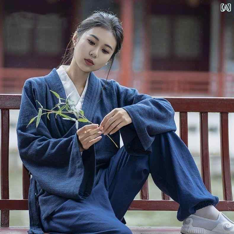 中国 衣装 レトロ 道士服 大人 レディース メンズ 大きいサイズ ゆったり 上下セット 斜め襟 紐 ロングパンツ インナー シンプル 無地 紺｜フロントップ店 8,789円